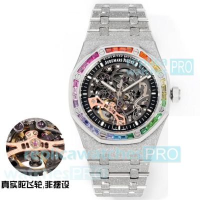 OMF Swiss clone Audemars Piguet Rainbow Royal Oak Offshore Frosted Gold Skeleton Watch 